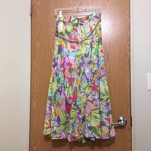 Lapis Green and Pink Flare Skirt with Elastic Waist and belt